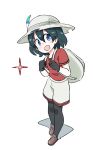  :d bag black_hair blue_eyes feathers gloves hat helmet highres kaban_(kemono_friends) kemono_friends loafers open_mouth pantyhose pantyhose_under_shorts pith_helmet shirt shoes short_hair shorts smile solo star t-shirt white_background zk_(zk_gundan) 