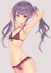  alice_gear_aegis arched_back armpits arms_up asymmetrical_hair bangs bikini blush closed_mouth collarbone cowboy_shot eighth_note flat_chest grey_background groin highres ichijou_ayaka long_hair looking_at_viewer musical_note navel purple_bikini purple_eyes purple_hair sidelocks sigm@ simple_background smile solo standing swimsuit tsurime twintails 