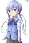  absurdres alternate_hairstyle arms_at_sides bangs black_skirt blue_eyes blue_hair blue_vest blush closed_mouth commentary dated eyebrows_visible_through_hair gochuumon_wa_usagi_desu_ka? hair_between_eyes hair_ornament hamayuu_(litore) highres kafuu_chino long_hair long_sleeves looking_at_viewer low_twintails rabbit_house_uniform shirt sidelocks simple_background skirt solo twintails twitter_username uniform very_long_hair vest white_background white_shirt x_hair_ornament 