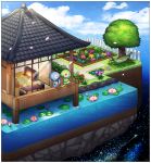  architecture blue_sky day east_asian_architecture fence flower garden gardevoir gen_3_pokemon hammock highres isometric lily_pad lotosu outdoors plant pokemon pokemon_(creature) potted_plant red_eyes scenery shiny_pokemon sky star_(sky) table tree 