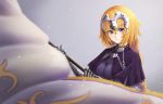  bangs banner blush braid breasts chain closed_mouth corset eyebrows_visible_through_hair eyelashes fate/grand_order fate_(series) gauntlets grey_background headpiece highres holding jeanne_d'arc_(fate) jeanne_d'arc_(fate)_(all) light_particles long_hair looking_at_viewer medium_breasts motion_blur purple_capelet shiny shiny_hair simple_background single_braid smile solo underbust upper_body yukidaifuku 