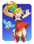  atonamu beak beat_(rockman) bird blonde_hair blue_eyes bow capcom child commentary_request flying full_body green_bow hair_bow hair_ornament high_ponytail highres hood hoodie hoodie_dress jumping long_hair looking_to_the_side mechanical_bird open_mouth outstretched_arms ponytail rockman rockman_(classic) rockman_11 roll smile 