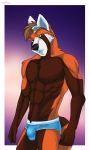  2018 5_fingers abs absurd_res anthro black_nose brown_fur brown_hair bulge cinta clothed clothing eyewear fist fur goggles hair hi_res looking_at_viewer male mammal multicolored_fur muscular muscular_male orange_fur purple_background red_panda simple_background smile solo standing topless two_tone_fur underwear 