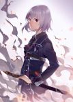  fire honebami_toushirou male_focus military military_uniform necktie purple_eyes sheath sheathed sumery sword touken_ranbu uniform wakizashi weapon white_hair 