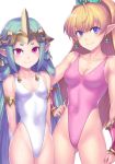  ahoge arm_at_side arm_guards armlet arms_behind_back ass_visible_through_thighs bangs blonde_hair blue_hair blush breasts closed_mouth collar competition_swimsuit covered_navel cowboy_shot earrings hai_(h81908190) hand_on_hip headpiece highleg highleg_swimsuit jewelry long_hair looking_at_viewer luca_(seiken_densetsu) medium_hair multicolored_hair multiple_girls nail_polish one-piece_swimsuit pink_eyes pink_hair pink_nails pink_swimsuit pointy_ears primm purple_eyes ringed_eyes seiken_densetsu seiken_densetsu_2 shiny shiny_hair shiny_skin sidelocks skin_tight small_breasts smile standing straight_hair swimsuit thighs two-tone_hair very_long_hair white_swimsuit 