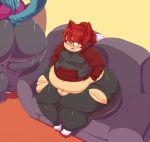  belly big_(disambiguation) big_belly big_butt blue_hair blush bursting_out_of_clothing butt clothing female flabby_arms hair hybrid matoko obese overweight pants red_hair ssbbw thick_thighs torn_clothing torn_pants trinity-fate62 umi voluptuous wide_hips 