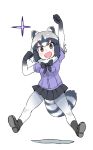  animal_ears bow bowtie breast_pocket clenched_hand common_raccoon_(kemono_friends) eyebrows_visible_through_hair gloves hand_up highres jumping kemono_friends multicolored_hair open_mouth pantyhose pleated_skirt pocket puffy_short_sleeves puffy_sleeves raccoon_ears raccoon_tail short_hair short_sleeves skirt solo star tail white_background zk_(zk_gundan) 