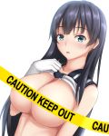  :o agano_(kantai_collection) bad_id bad_pixiv_id bangs bare_shoulders black_hair black_sailor_collar blue_eyes blunt_bangs blush breasts breasts_outside caution_tape censored cleavage commentary_request dutch_angle english eyebrows_visible_through_hair gloves kantai_collection keep_out large_breasts lifted_by_self long_hair no_bra open_mouth sailor_collar shirt shirt_lift simple_background sleeveless sleeveless_shirt solo tapisuke tareme underboob white_background white_gloves 