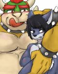  2018 angry anthro blush bowser canine collar drunk duo hakiahki horn koopa licking licking_lips male mammal mario_bros nintendo open_mouth scalie smile spiked_collar spikes tongue tongue_out video_games wolf 