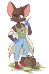  2018 4_fingers anthro bare_shoulders bat beezii big_ears big_eyes blush breasts brown_fur cheek_tuft clothed clothing digital_media_(artwork) fangs female flat_colors footwear front_view frown fully_clothed fur grass hand_on_hip holding_object humanoid_hands jeans lab_coat latex_gloves looking_away mammal medic one_eye_closed outside pants phoebe_(beezii) scalpel shirt shoes simple_background solo standing stethoscope syringe tank_top toony tuft white_background yellow_eyes 