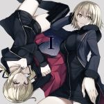 absurdres akami_fumio artoria_pendragon_(all) bangs black_camisole black_dress black_footwear black_jacket black_legwear black_shorts blonde_hair boots breasts brown_eyes camisole collarbone commentary_request dress eyebrows_visible_through_hair fate/apocrypha fate/grand_order fate/stay_night fate_(series) fur-trimmed_jacket fur-trimmed_sleeves fur_trim hair_between_eyes hand_behind_head highres jacket jeanne_d'arc_(alter)_(fate) jeanne_d'arc_(fate)_(all) jewelry large_breasts long_hair long_sleeves looking_at_viewer low_twintails medium_breasts multiple_girls necklace parted_lips saber_alter short_shorts shorts smile strap_slip thigh_boots thighhighs twintails upside-down wicked_dragon_witch_ver._shinjuku_1999 