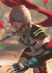  asymmetrical_hair blue_eyes cape clenched_teeth elbow_gloves final_fantasy final_fantasy_xiii fingerless_gloves gloves gunblade highres lightning_farron looking_at_viewer petals pink_hair raikoart rose_petals shoulder_pads skirt solo strap sword teeth weapon 