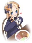  :d abigail_williams_(fate/grand_order) bangs black_bow black_dress blonde_hair blue_eyes blush bow chair commentary_request dress eyebrows_visible_through_hair fate/grand_order fate_(series) food forehead fork hair_bow heart holding holding_fork holding_knife knife long_hair long_sleeves looking_at_viewer no_hat no_headwear open_mouth orange_bow parted_bangs plate polka_dot polka_dot_bow shirasu_youichi sleeves_past_fingers sleeves_past_wrists smile solo table upper_teeth very_long_hair white_background 