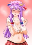  1girl alternate_costume blush breasts cleavage collarbone commentary_request cowboy_shot crescent embarrassed erect_nipples hair_ribbon hat hat_ornament highres huge_breasts long_hair looking_at_viewer lowleg_skirt midriff mob_cap navel no_bra no_panties patchouli_knowledge plaid plaid_skirt purple_eyes purple_hair ribbon shiraue_yuu shirt sidelocks skirt solo sweatdrop tied_shirt touhou tress_ribbon white_shirt 