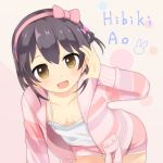  akiiro bent_over black_hair blush bow brown_eyes character_name collarbone eyebrows_visible_through_hair hairband hibiki_ao hibiki_ao_(character) highres long_sleeves looking_at_viewer open_mouth pink_bow short_hair smile solo virtual_youtuber 