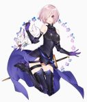  arm_guards armor armored_boots armored_dress bangs bare_shoulders black_legwear boots breasts commentary elbow_gloves elbow_pads eyebrows_visible_through_hair fate/grand_order fate_(series) fou_(fate/grand_order) full_body gloves hair_over_one_eye hands_up high_heel_boots high_heels highres looking_at_viewer mash_kyrielight medium_breasts pink_hair purple_eyes sheath sheathed short_hair simple_background sino42 sleeveless smile solo sword thighhighs thighs weapon white_background 