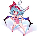  animal_ears bat_wings blue_hair bunny_ears bunny_girl bunny_tail bunnysuit detached_collar fang flat_chest full_body gloves hands_on_hips hat hat_ribbon highres ifelt_(tamaki_zutama) looking_at_viewer mob_cap open_mouth red_eyes red_footwear red_ribbon remilia_scarlet ribbon shoes simple_background smile solo standing tail touhou wavy_hair white_background white_gloves white_hat wings 