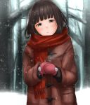  black_hair black_sweater blush brown_eyes closed_mouth coat commentary_request forest hatsuyuki_(kantai_collection) highres kantai_collection long_hair looking_at_viewer mittens nature pink_mittens red_scarf scarf snow snowing solo sweater tama_(seiga46239239) tree winter_clothes 