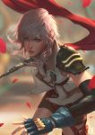  asymmetrical_hair blue_eyes cape clenched_teeth elbow_gloves final_fantasy final_fantasy_xiii fingerless_gloves gloves gunblade highres lightning_farron looking_at_viewer petals pink_hair raikoart rose_petals shoulder_pads skirt solo strap sword teeth weapon 