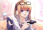  absurdres bee_doushi black_ribbon blonde_hair blue_eyes commentary_request controller eyewear_on_head game_console glasses hair_ribbon highres long_hair looking_at_viewer lying navy_blue_legwear no_shoes on_stomach playing_games ribbon saenai_heroine_no_sodatekata sawamura_spencer_eriri school_uniform signature smile solo twintails 