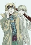  2boys asuka_ryou blonde_hair blue_eyes buttons closed_mouth coat devilman devilman_crybaby eyebrows eyewear glasses jacket mihael multiple_boys pants shirt short_hair simple_background striped_shirt sunglasses white_coat yellow_jacket 