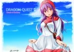  breasts commentary_request curly_hair dragon_quest dragon_quest_ii dress highres hood long_hair long_sleeves looking_at_viewer medium_breasts mizuya_chiharu princess_of_moonbrook purple_hair skirt_hold smile solo standing white_dress white_robe 