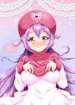  breasts commentary_request covered_nipples curly_hair dragon_quest dragon_quest_ii dress fingers hood large_breasts long_hair long_sleeves looking_at_viewer princess_of_moonbrook purple_hair smile solo standing torano_ko white_dress white_robe 