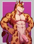  2017 abs anthro balls biceps biped black_eyebrows border brown_fur brown_mane brown_spots brown_tail cecil_turner digital_media_(artwork) eyebrows flaccid front_view fur giraffe glans grey_border hands_on_hips hi_res humanoid_penis knuxlight looking_at_viewer male mammal mane multicolored_fur muscular muscular_male navel nipples nude outside_border pecs penis pepsi_(fa) pink_nipples pink_penis portrait purple_background simple_background smile snout solo spots spotted_fur standing tail_tuft tan_balls tan_fur three-quarter_portrait tuft yellow_eyes 