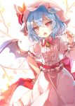  60mai bat_wings blue_hair bow commentary_request dress eyebrows_visible_through_hair fang frills hand_on_hip hand_up hat hat_ribbon mob_cap nail_polish open_mouth puffy_sleeves red_eyes red_nails red_ribbon remilia_scarlet ribbon short_hair short_sleeves solo touhou white_background wings wrist_cuffs 