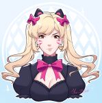 alternate_costume animal_ears black_cat_d.va black_dress blonde_hair blue_background bow bowtie breasts cat_ears cleavage d.va_(overwatch) dress earrings eyebrows_visible_through_hair facepaint facial_mark frilled_dress frills hair_bow heart heart_earrings jewelry kwinr light_smile lips lolita_fashion looking_at_viewer medium_breasts outline overwatch pink_bow pink_lips puffy_short_sleeves puffy_sleeves short_sleeves signature smirk solo twintails upper_body whisker_markings 
