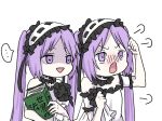  bare_shoulders blush book choker clenched_hands commentary_request damemoto_000 dress euryale fate/grand_order fate/hollow_ataraxia fate_(series) frills hairband holding holding_book lolita_hairband multiple_girls no_nose open_mouth purple_eyes purple_hair stheno strapless strapless_dress translation_request triangle_mouth twintails upper_body white_background 