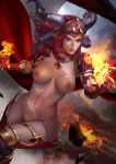  absurdres alexstrasza angry armor breasts claws collarbone fire flame gloves highres horns image_sample large_breasts lips long_hair open_mouth paid_reward patreon_reward pussy red_eyes red_gloves red_hair solo teeth warcraft world_of_warcraft zumi_(zumidraws) 