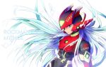  alternate_costume android bishounen blue_hair character_name commentary_request copyright_name helmet highres ho-duki09 long_hair male_focus rockman rockman_zero simple_background solo text_focus upper_body white_background zero_(rockman) 