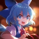  60mai :d backlighting bangs blue_bow blue_eyes blue_hair blue_vest blue_wings blurry blurry_background bokeh bow cirno collared_shirt depth_of_field hair_bow ice ice_wings looking_at_viewer lowres neckerchief open_mouth puffy_short_sleeves puffy_sleeves red_neckwear red_ribbon ribbon shiny shiny_hair shirt short_hair short_sleeves smile solo tareme touhou upper_body v-shaped_eyebrows vest white_shirt wing_collar wings 