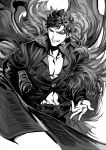  belial_(granblue_fantasy) black_hair black_shirt feather_boa granblue_fantasy greyscale komo_(sleepy) male_focus monochrome red_eyes shirt short_hair smile solo 