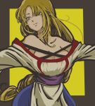  arc_the_lad arc_the_lad_ii bare_shoulders blonde_hair blush braid breasts brown_eyes cleavage commentary_request dress hakushin large_breasts lieza long_hair low-tied_long_hair single_braid solo very_long_hair 