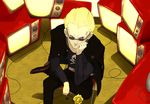  blonde_hair bullet crossed_legs earrings flower from_above glasses hand_on_own_face jacket jacket_on_shoulders jewelry jolly_roger long_sleeves male_focus matsutake_(nodamiki) necklace nose_piercing pants persona persona_4 piercing rose scar shoes sitting skull_and_crossbones solo sunglasses tatsumi_kanji television 