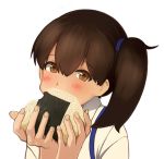  bite_mark blush brown_eyes brown_hair commentary_request eating eyebrows_visible_through_hair fingernails food hair_between_eyes hair_tie hands_up head_tilt holding holding_food japanese_clothes kaga_(kantai_collection) kantai_collection looking_at_viewer onigiri side_ponytail simple_background smile solo taka_(takahirokun) upper_body white_background 