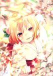  :d animal_ear_fluff animal_ears bangs blonde_hair blurry blurry_foreground blush breasts chita_(ketchup) commentary_request depth_of_field dutch_angle eyebrows_visible_through_hair flower fox_ears fox_girl fox_tail from_above hair_between_eyes hair_flower hair_ornament highres japanese_clothes kimono large_breasts looking_at_viewer looking_up open_mouth original pink_flower pleated_skirt red_eyes red_skirt short_hair short_kimono signature skirt smile solo tail thick_eyebrows white_kimono 