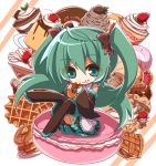  :t aosaki_yato black_bow black_footwear black_skirt boots bow checkerboard_cookie cherry chibi cookie detached_sleeves doughnut eating food food_on_face fruit full_body green_eyes green_hair hair_bow hatsune_miku highres holding holding_food ice_cream long_hair macaron mont_blanc_(food) pancake parfait pie pudding sitting skirt solo strawberry strawberry_shortcake thigh_boots thighhighs twintails vocaloid waffle whipped_cream 