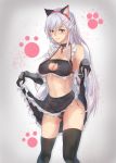  animal_ears apron arms_at_sides ass_visible_through_thighs azur_lane bangs belfast_(azur_lane) black_bra black_legwear black_panties blue_eyes bra braid breasts cat_cutout cat_lingerie chinese_commentary choker cleavage_cutout commentary_request cowboy_shot eyebrows_visible_through_hair frilled_apron frills gloves hairband highres large_breasts lifted_by_self long_hair looking_at_viewer maid maid_apron meme_attire panties partial_commentary paw_print see-through skirt skirt_lift smile solo standing thighhighs underwear vambraces white_hair yusha_(m-gata) 
