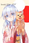  blue_eyea blue_hair blush dog hibiki_(kantai_collection) kantai_collection kimono long_hair personification smile 