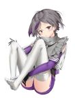  ass blush eyebrows_visible_through_hair feet_together frilled_shirt_collar frills girls_frontline gloves grey_hair grey_shirt highres knees_apart_feet_together looking_at_viewer multicolored_hair no_shoes open_mouth pants pixel_(yuxian) purple_hair purple_pants shirt short_hair short_shorts shorts simple_background sitting solo streaked_hair thighhighs thompson/center_contender_(girls_frontline) white_background white_legwear 
