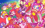  4girls adeleine backwards_hat baseball_cap black_hair blue_sclera bow bush commentary_request elline_(kirby) flower flying_sweatdrops hat hinamatsuri japanese_clothes jitome king_dedede kirby kirby_(series) lalala_(kirby) lololo_(kirby) mask meta_knight multicolored_hair multiple_boys multiple_girls official_art pink_hair red_hat red_robe robe short_hair simirror sparkle spotlight susie_(kirby) sweatdrop tate_eboshi tick_tock_jr. video_camera waddle_dee wizard_hat yellow_bow 