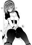  absurdres apron bangs blush breasts closed_mouth commentary_request eyebrows_visible_through_hair greyscale hair_between_eyes heart highres hoshizuki_kaede implied_masturbation kyokucho looking_at_viewer maid maid_headdress medium_breasts monochrome nose_blush one_eye_closed original short_hair sitting solo spoken_heart tears thighhighs waist_apron 