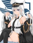  akasabi azur_lane bird black_coat black_neckwear coat collared_shirt commentary_request eagle enterprise_(azur_lane) eyebrows_visible_through_hair hat highres long_hair military miniskirt necktie open_clothes open_coat peaked_cap pleated_skirt purple_eyes shirt silver_hair simple_background sitting skirt sleeveless sleeveless_shirt solo underbust water white_hat 