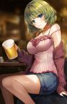  alcohol arm_at_side backlighting bangs bare_shoulders beer beer_mug blue_eyes blurry blurry_background blush breasts camisole cleavage closed_mouth collarbone cup dated denim denim_shorts eyebrows_visible_through_hair feet_out_of_frame foam food gijang green_eyes green_hair heterochromia holding holding_cup idolmaster idolmaster_cinderella_girls jewelry large_breasts lens_flare long_sleeves looking_at_viewer mole mole_under_eye necklace off_shoulder open_clothes plate shiny shiny_skin short_hair short_shorts shorts signature sitting sleeves_past_wrists smile solo strap_slip table takagaki_kaede 