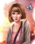  1girl blue_eyes brown_hair butterfly clothes deer evakosmos evening freckles highres life_is_strange looking_at_viewer max_caulfield outdoors shirt short_hair sky solo 