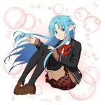  asuna_(sao) asuna_(sao-alo) black_jacket black_legwear blue_eyes blue_hair bow bowtie brown_footwear brown_sweater dandelion dress_shirt floating_hair flower full_body hand_on_hip jacket long_hair looking_at_viewer miniskirt official_art pleated_skirt pointy_ears red_neckwear red_skirt school_uniform shirt shoes sitting skirt smile solo sparkle sweater sword_art_online sword_art_online:_code_register thighhighs very_long_hair white_background white_shirt zettai_ryouiki 