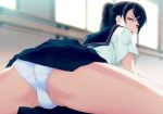  40hara ass bangs black_hair blue_panties commentary_request gesugao hair_ornament hairclip indoors looking_at_viewer looking_back original panties pleated_skirt ponytail purple_eyes school_uniform serafuku skirt solo spread_legs sunlight swept_bangs trefoil underwear 